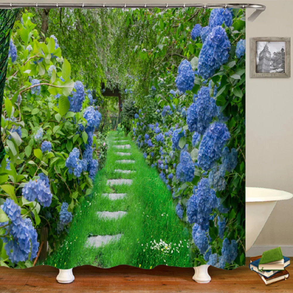 

Vintage Hydrangea Shower Curtain Floral Watercolor Blue Flower Botanical Blossom Print Waterproof Fabric with Hook Bath Curtain