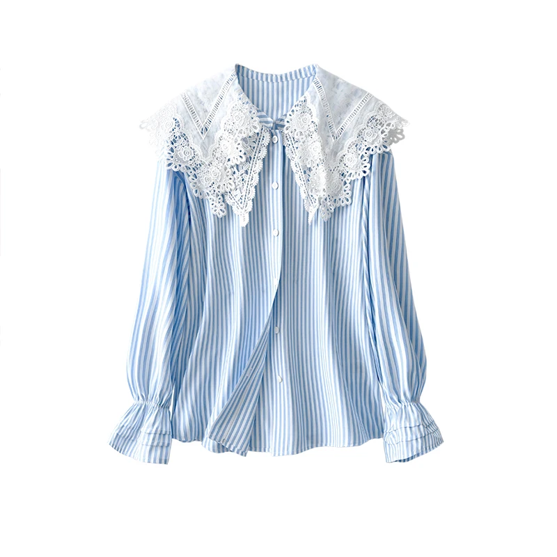 

Design Ladies Tops 50% Cotton Button Up Shirt Lace Sweet Striped Fashion Clothes Woman 2022 Free Shipping Items Clothes