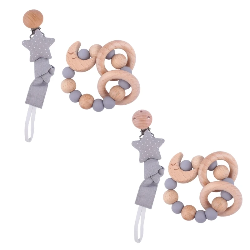 

2pcs Toddler Wooden Wood Baby Rattle Intellectual Grasping Toy Pacifier Clip Perfect Newborn Gift Teething Toy