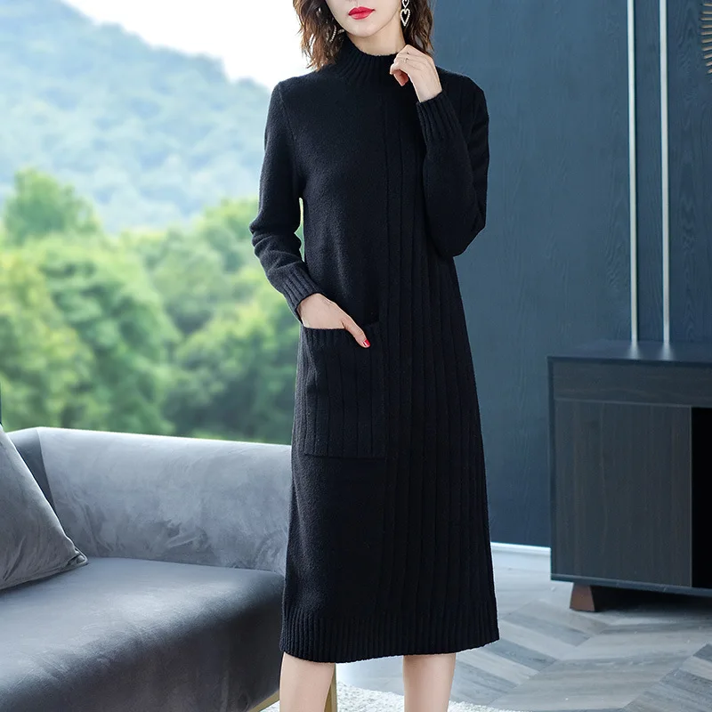 

Knitted Dresses Women Patchwork Semi-turtleneck Sweater Long Sleeve Elegant Solid Color Cozy Pullover Bottom Knit Dresses WDR42