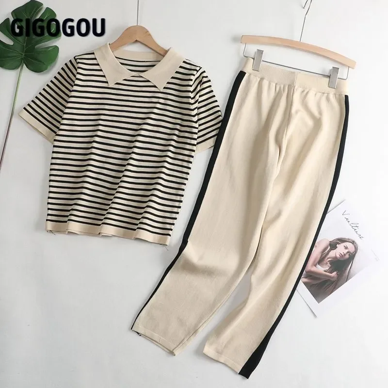 

NEW 2023 Women Knitted Tracksuits 2 Pieces Sets Spring Summer Short Sleeve Women T Shirt + High Waist Capris Pencil Pants Suits