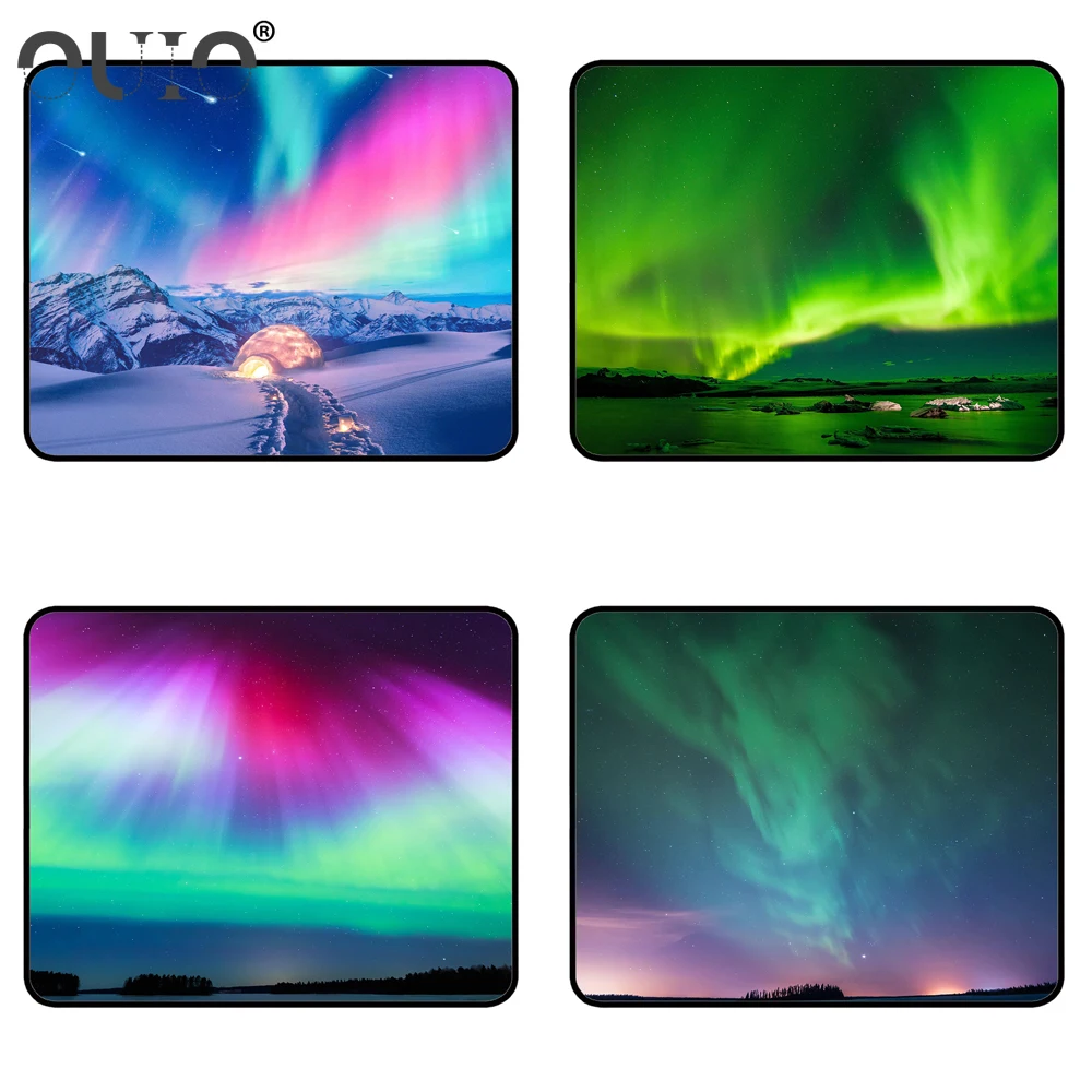 

OUIO Northern Lights Illustration Mouse Pad DIY Print Northern Lights Sea Aurora Nothern Light Polar Landscape Mouse Desk Pad