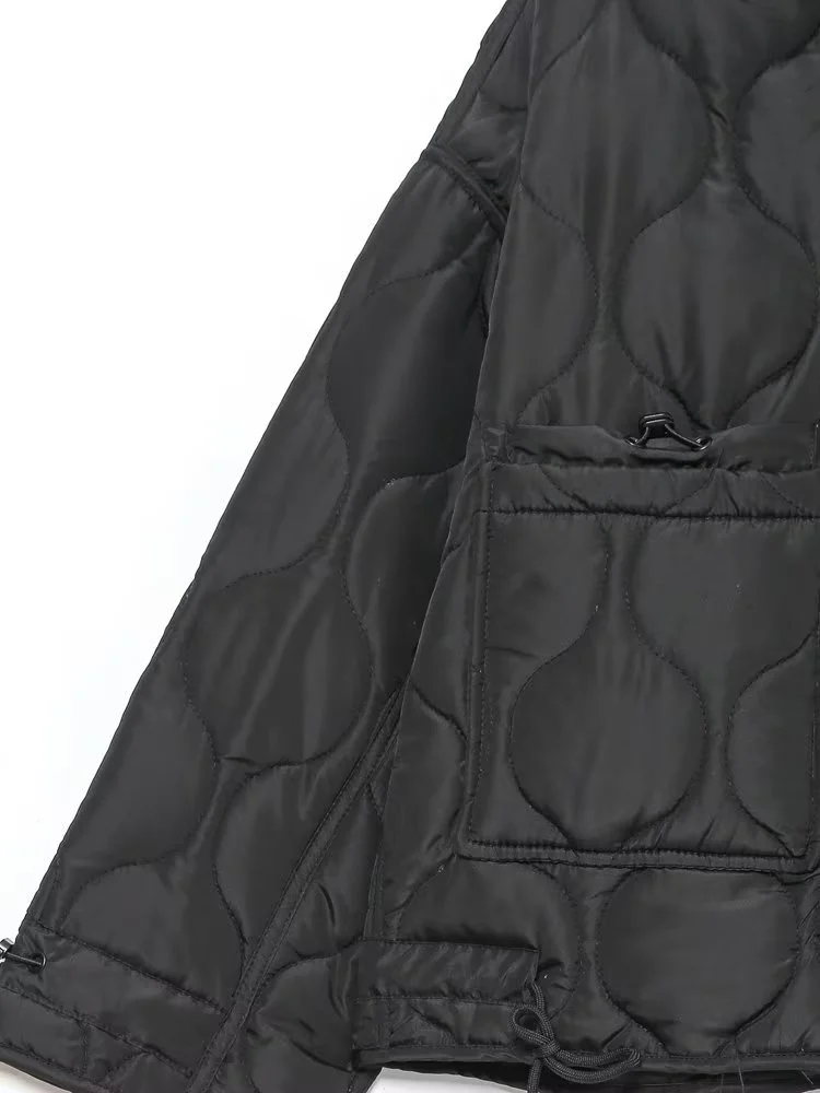 KEYANKETIAN Women's Short Black Cotton Jacket new Fall/winter wavy quilted trim retro style stand collar loose lightweight coat