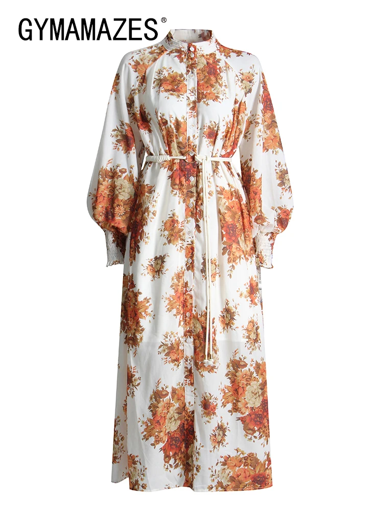 

GYMAMAZES Vintage Print Floral Dress For Woman Stand Collar Long Sleeve Lace Up Gathered Waist Midi Dresses Female Clothes Style