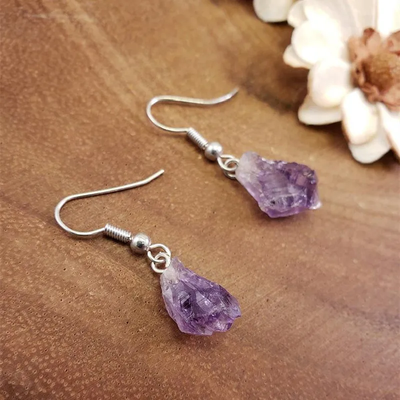 

Natural Purple Crystal Raw Stone Earring, Healing Stone Dangle Drop, Teardrop Witch, Creative Gothic Jewellery Women Gift