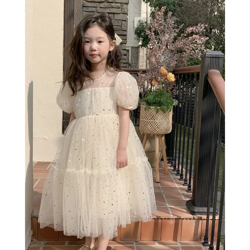 

2023 Clothing for Girls Kids Summer Sequined Tulle One-piece Dress Children Baptism Outifts Infants White Christening Dresses