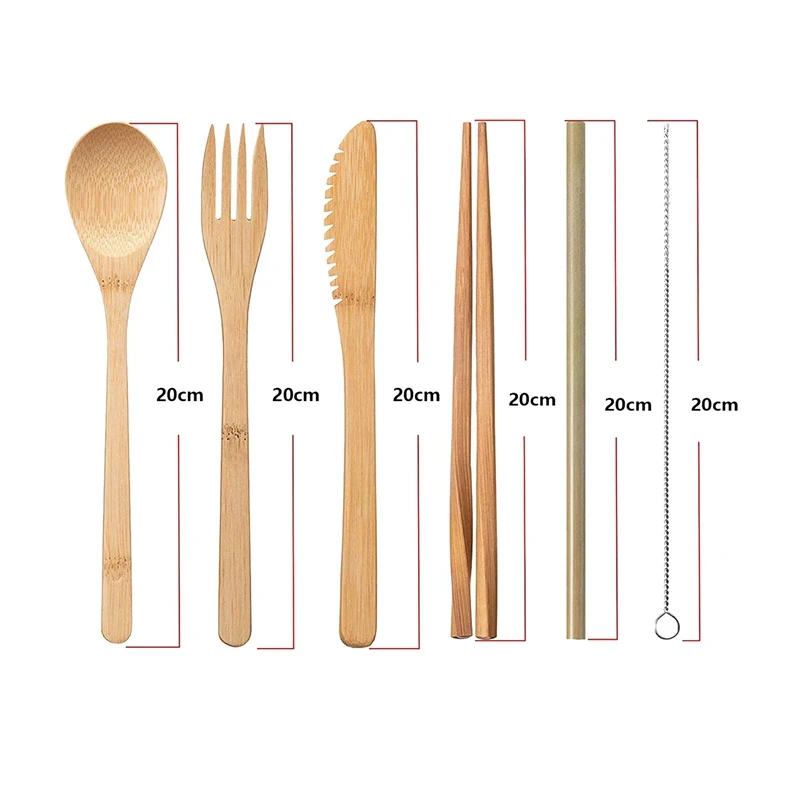 Раздвоенный бамбуковый столовый прибор для путешествий из ножа, вилки, ложки, палочек и трубочек (бежевый + зеленый) на переиспользуемых материалах.