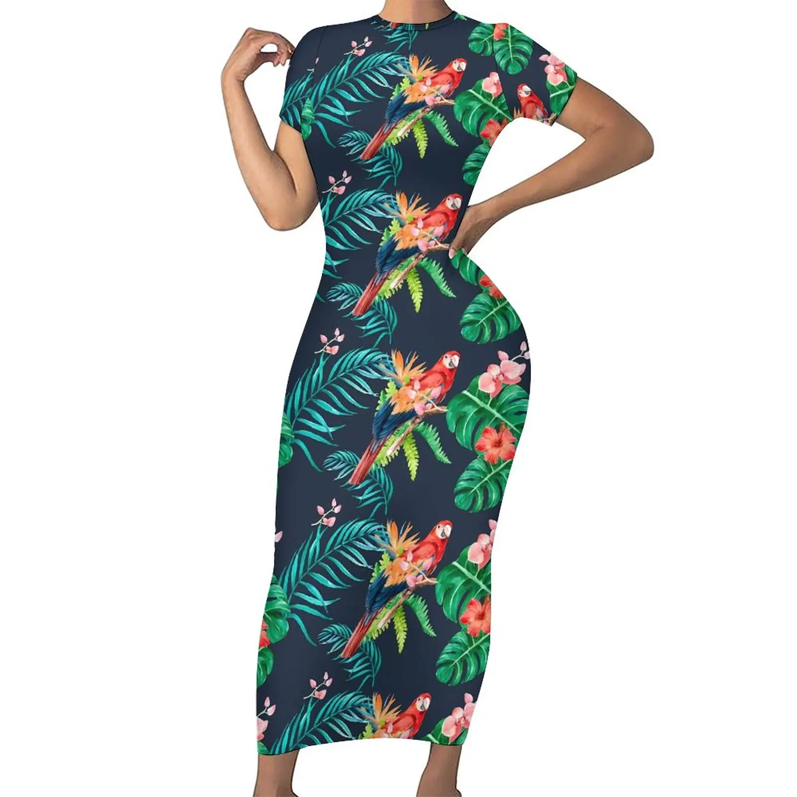

Tropical Floral Hibiscus Bodycon Dress Summer Jungle Parrot Night Club Maxi Dresses Women Short Sleeve Design Street Wear Dress