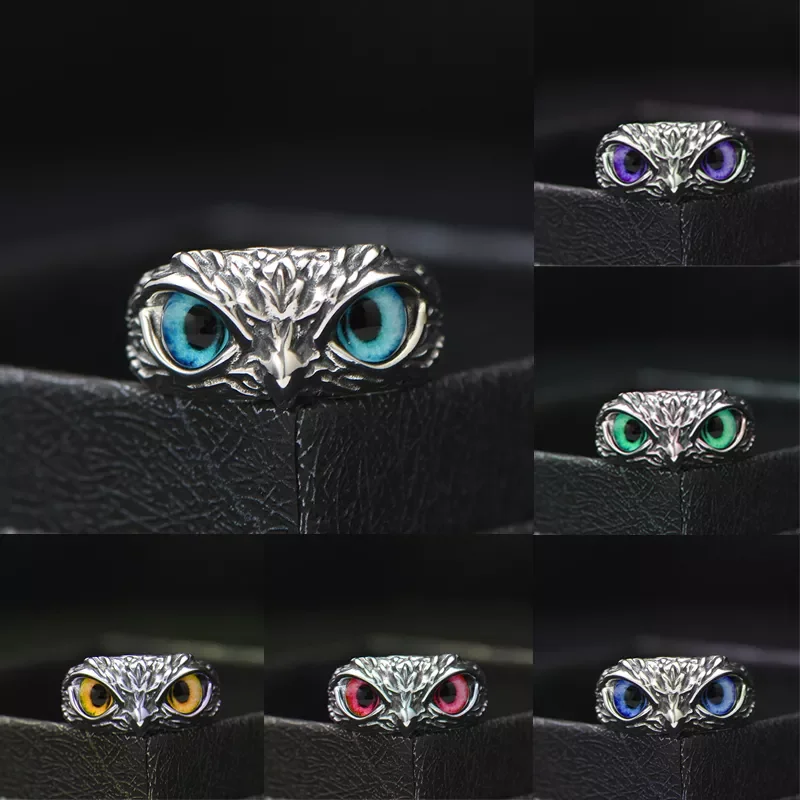 

Retro Cute Simple Design Owl Ring Multicolor Eyes Silver Color Men Women Engagement Wedding Rings Jewelry Gifts Resizable