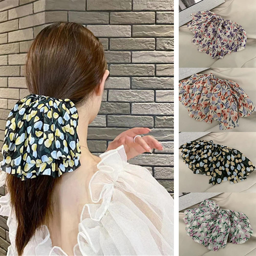 

French Sweet Floral Bow Hairpin Design Spring Clip For Girl Women Temperament Barrette Chiffon Ponytail Top Clip Hair Accessorie
