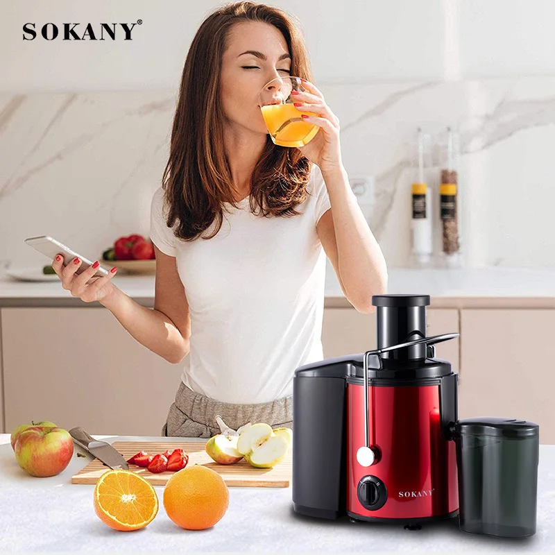 

Электрическая соковыжималка SOKANY, 2 скорости, 800 Вт, центробежный экстрактор, большая горловина, 3 дюйма, кормовая желоб для фруктов, овощей, ле...