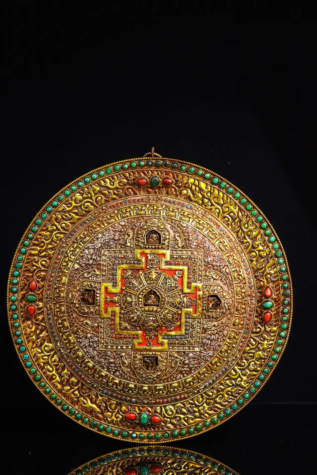 

Коллекция тибетских храмов 13 дюймов, тибетская Серебряная позолоченная мозаика, драгоценный камень Шакьямуни, благоприятные восемь сокровищ, подвесной амулет thangka