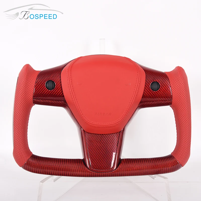 

Red Carbon Fiber Perforated Leather Steering Wheel For Tesla Model 3 Y S & X Yoke Plaid New Upgrade