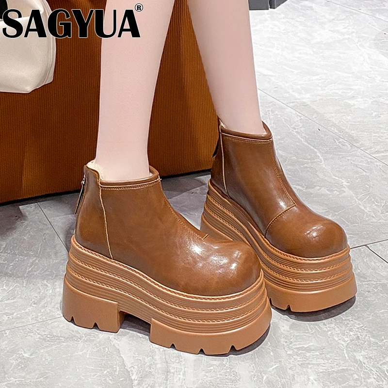 Женские зимние ботильоны на платформе кожаная обувь высоком каблуке новинка