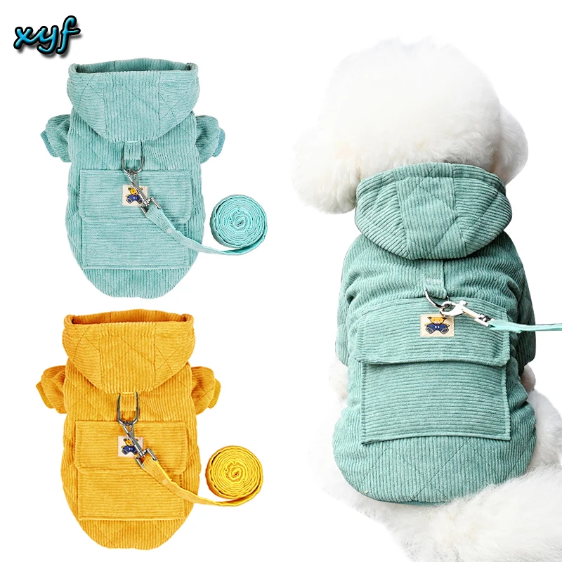 

Warm Corduroy Two-leg Coat for Dogs Clothing Sweater Hoodie with Leash Rope Windbreaker French Bulldog Jacket for Pet Costume