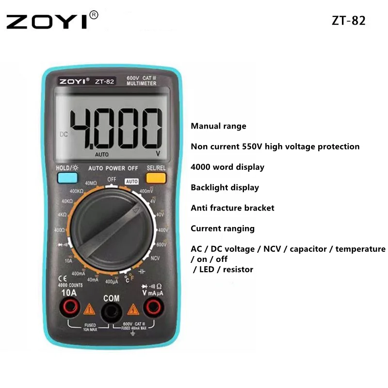 

Цифровой мультиметр ZOYI, 4000 отсчетов, вольтметр, мини-тестер напряжения и тока, измеритель сопротивления и температуры