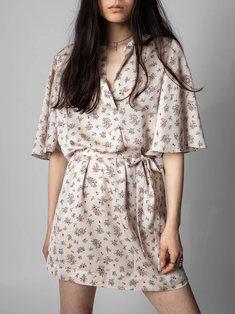 High Quality 2022 NEW Women Robes Floral Print O Neck Strappy Mini Dress with Belt