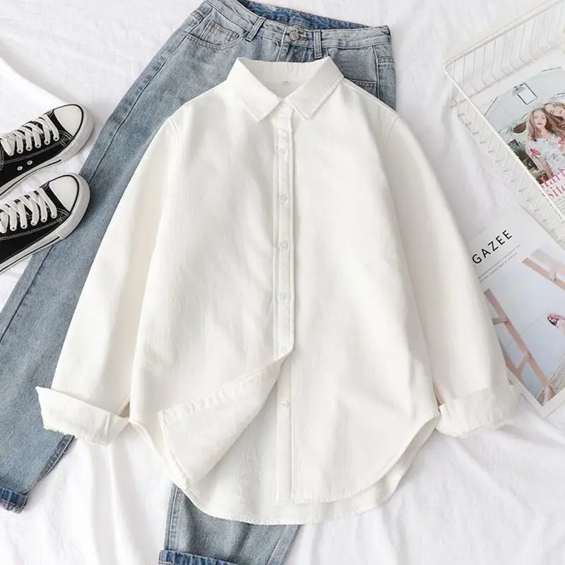 Осенне-зимние флисовые рубашки Женская однотонная Толстая теплая блузка на