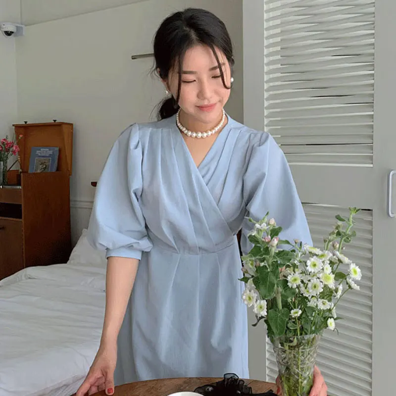 

Korean Chic Summer Sweet Women Dresses Vintage Preppy Style Puff Sleeve A-Line Dress Japanese Solid V Neck Vestidos Femme