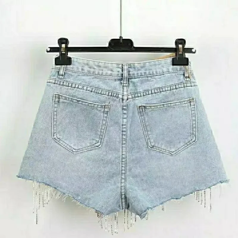 2023 Brand New Tassel Women Denim Shorts Chains High Waist Sexy Distressed Female Pants Fashion Streetwear
