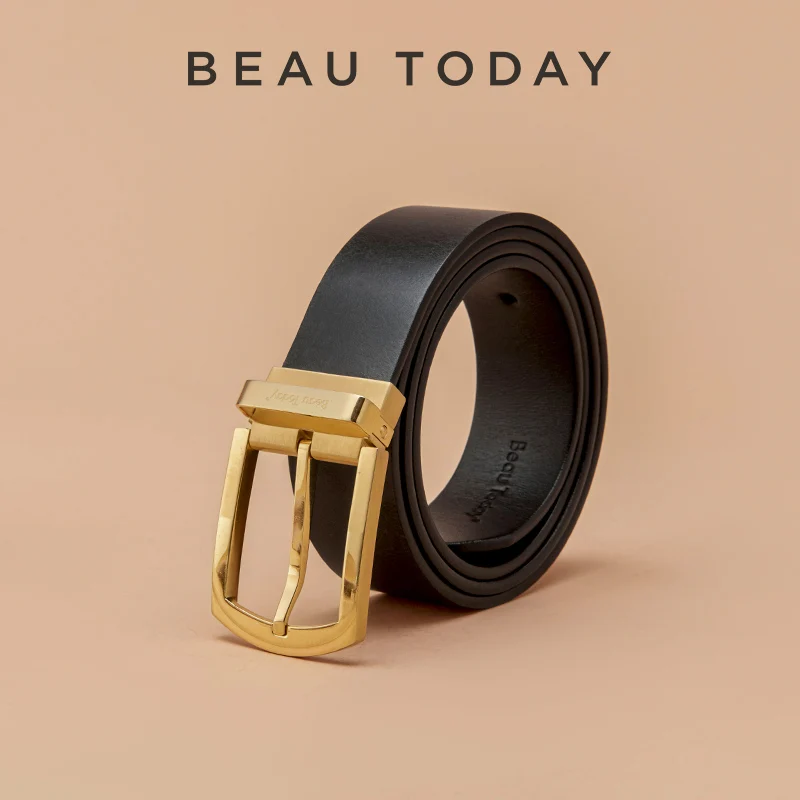 BEAUTODAY Belt Men Genuine Cow Leather Solid Color Golden Square Buckle Formal Business Suit Pants Waistband Handmade 92003
