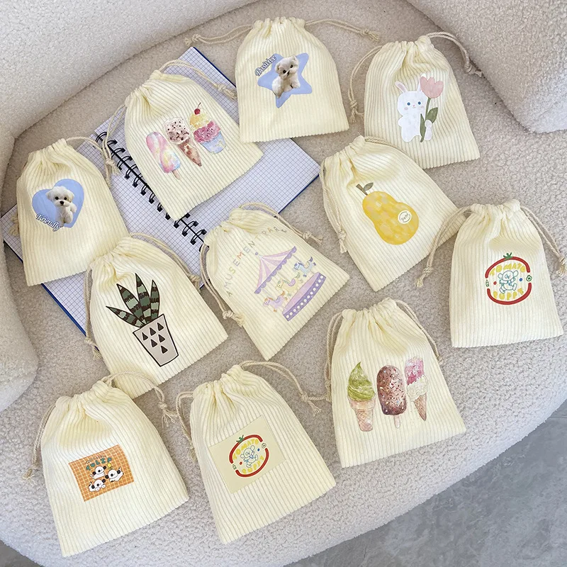 

2 Pieces Kawaii Drawstring Bag Folding Corduroy Small Bag Portable Handbags Foldable Grocery Bags Storage Make-up Bag