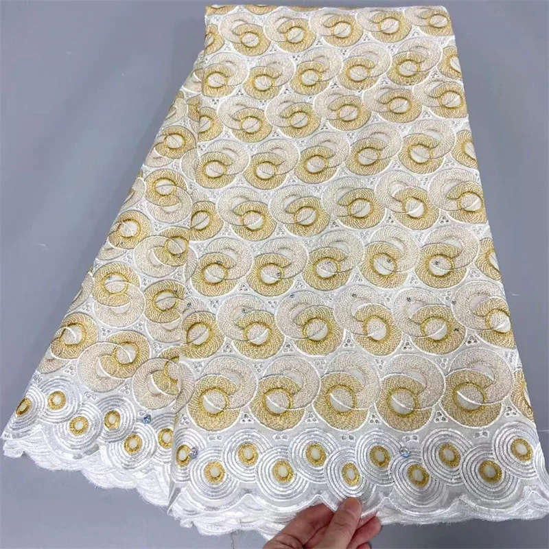 

5 Yard Swiss Voile Lace Fabric White With Gold Embroidery African 100% Cotton Popular Dubai Style For Wedding Party 3L100503