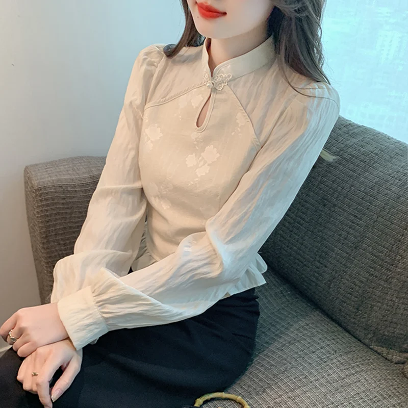 

Новинка осени 2023, китайская рубашка с воротником-стойкой и длинным рукавом для женщин