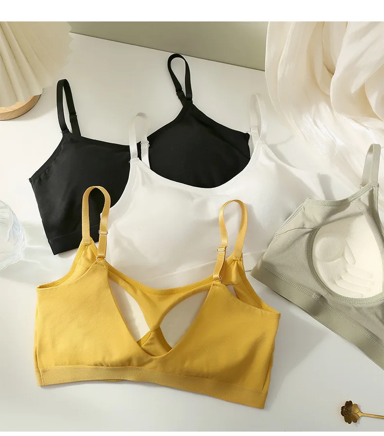 Bra for Women Without Steel Rings Thin Style Gathered Integrated Fixed Cup Wrapped Chest Pure Cotton and U-shaped Back