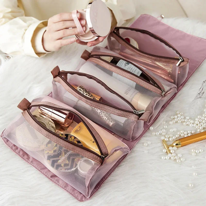 

4pcs In 1 Detachable Makeup Bag Women Zipper Mesh Large Capacity Cosmetics Pouch Foldable Portable Travel Wash Storage Bag