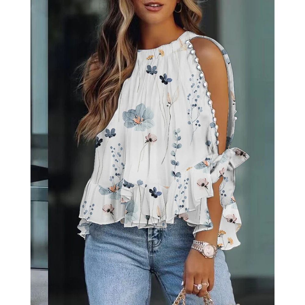 

Spring Fashion Floral Print Ruffle Hem Split Sleeve Top 2023 Femme Cold Shoulder Pink Top Casual Lady Blouse T Shirt traf Autumn