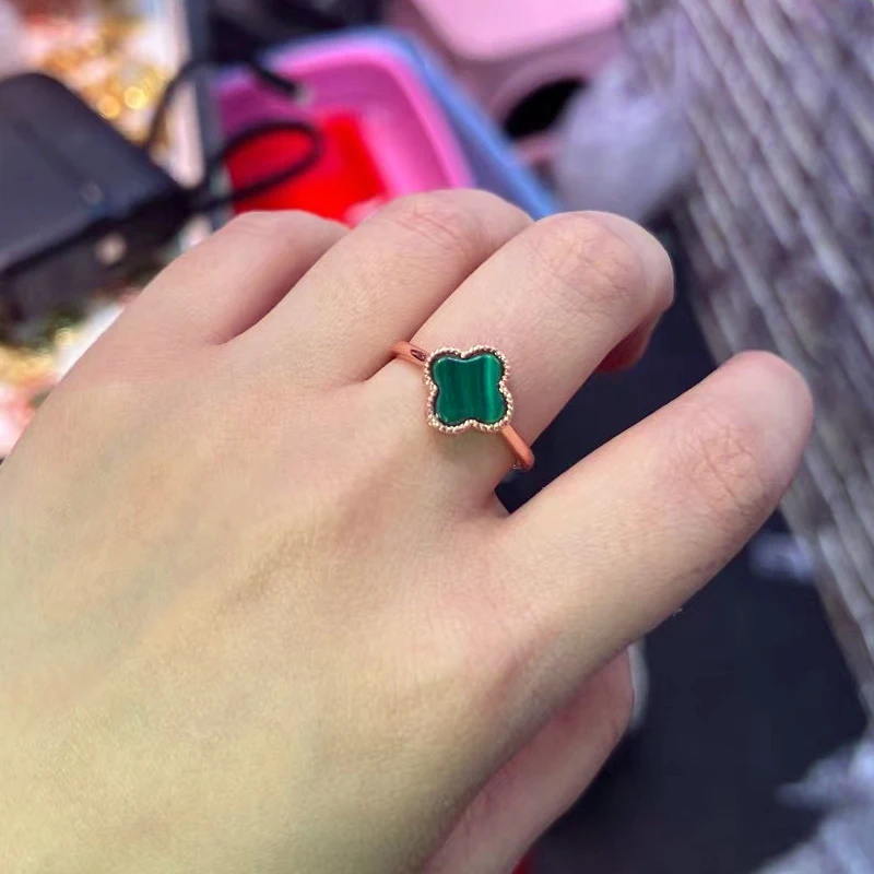 

Natural Malachite Lucky Four Leaf Clover Ring Adjustable With Brass Rose Gold Plated for Women's Fashion Jewellery