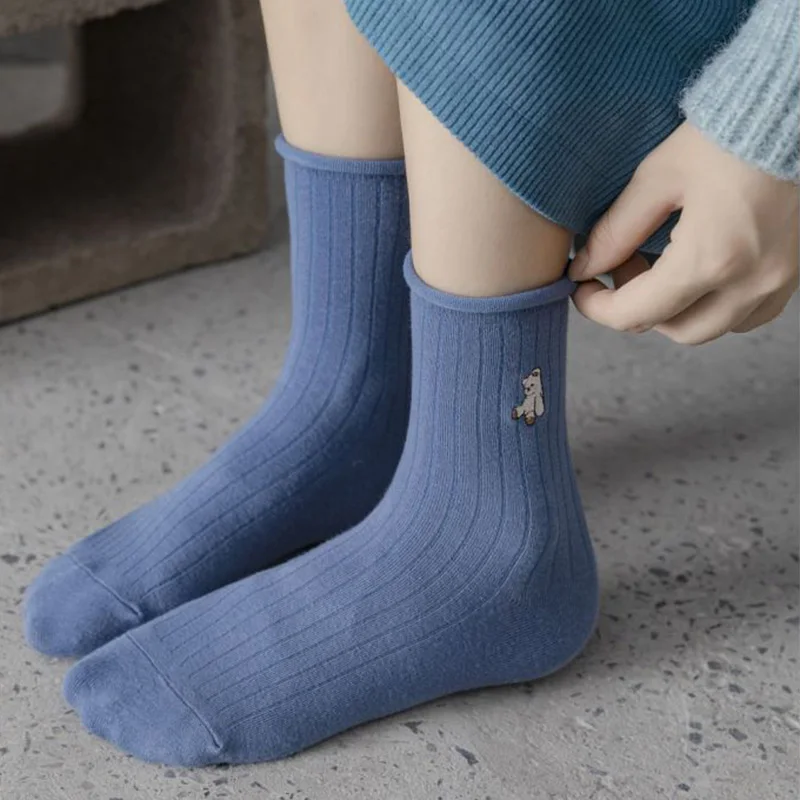 5 Pair Pure Cotton Socks Women Cartoon Animals Embroidery Long Sock Winter Streetwear Fashion Crimping Kawaii Cycling Chaussette