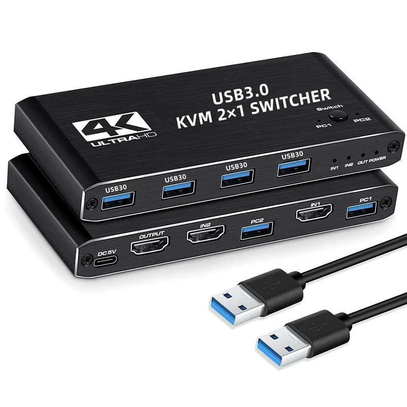 4K USB KVM Switch USB 3.0 Switcher HDMI-compatible KVM Switch 2 In 1 Out for 2 PC Sharing Keyboard and Mouse EDID / HDCP Printer