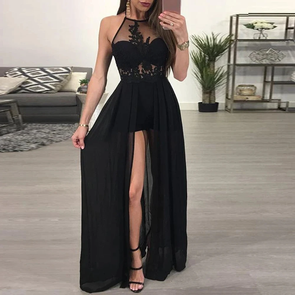 

Sexy Lace Chiffon Evening Dresses Pleat Appliques Halter Sleeveless Zipper A-Line Gowns Novia Do New Party Dress