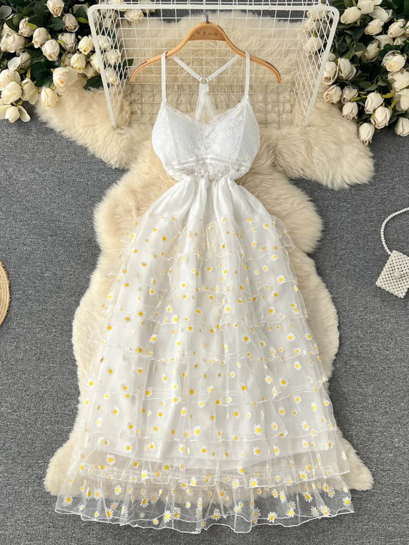 

Summer Floral Embroidery Long Dress Women Sexy Spaghetti Strap V-neck Sleeveless Hollow Out Lace Spliced A-line Mesh Party Dress