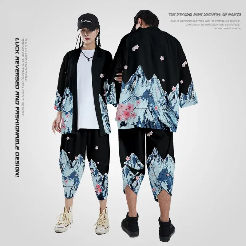 Couple Cherry Blossom 2PCS Robe Sets Rayon Cardigan Pajamas Pant Sleepwear Suit 3/4 Sleeve Kimono Robe Casual Home Wear Oversize