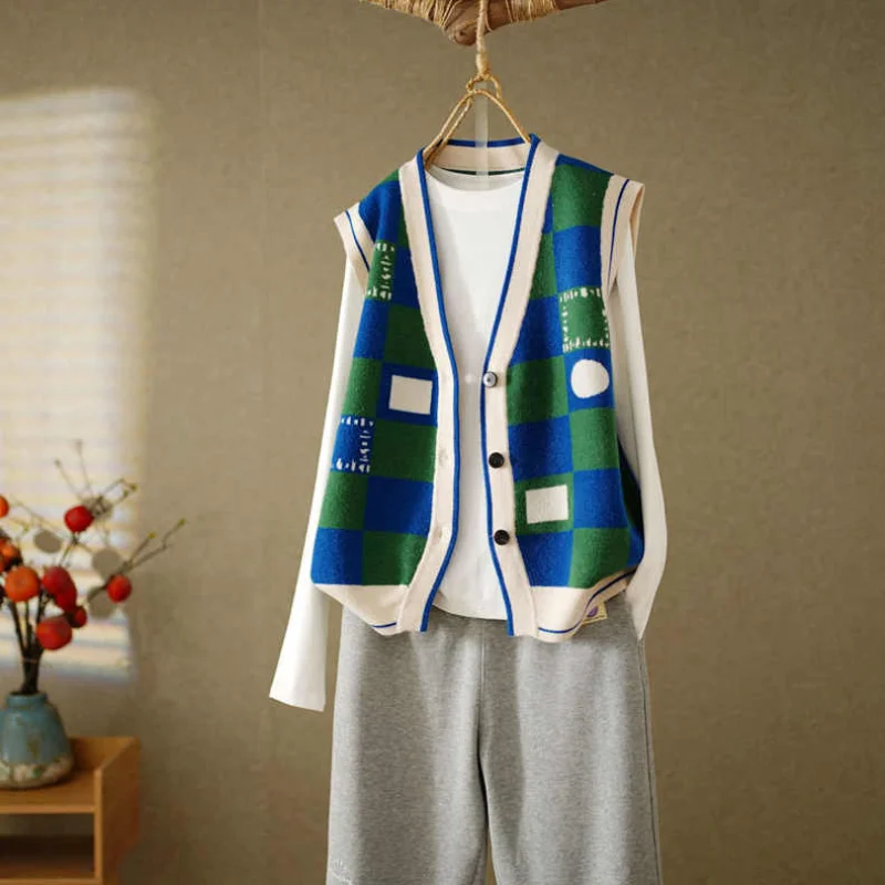 2022 Retro Sweater Vest Print Sleeveless Casual Jacket Knit Vest Y2K Fall Girly Aesthetic Pullover