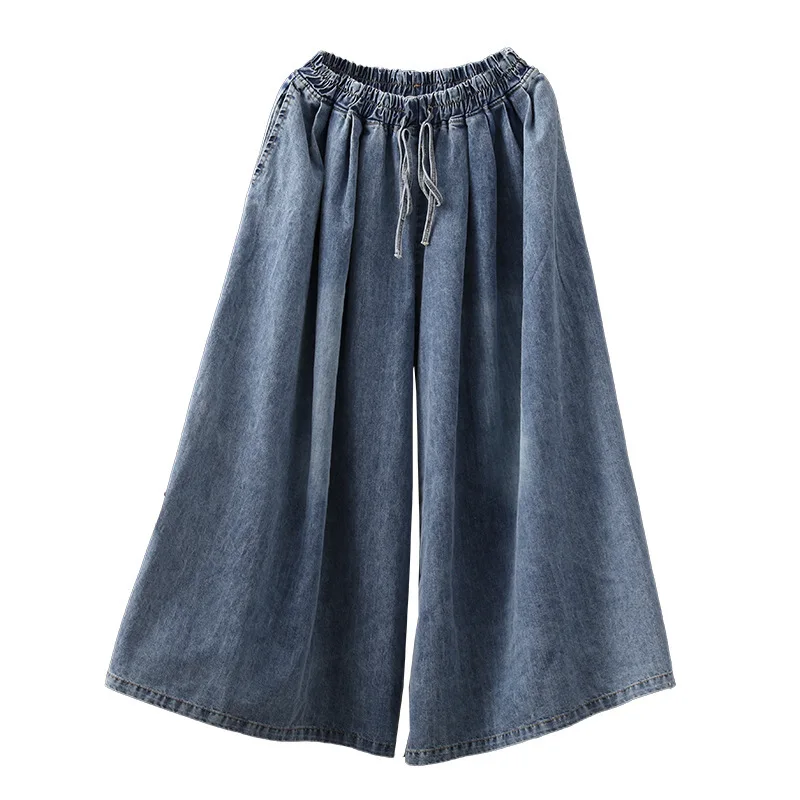 High Waist Jeans Female Spring Autumn Made Old Wash Denim Lace Up Wide Leg Pants Literary Loose Trouser Skirt Large Slim Pants