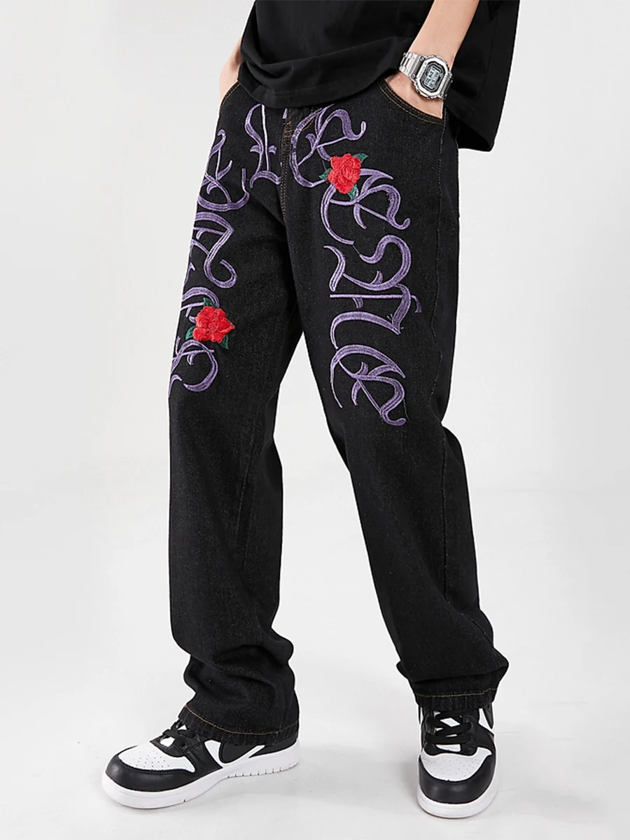Y2K Men's Jeans European Style with Street Rose Embroidery Hip Hop Straight Loose Trousers Ins Hot Sale - Four Seasons