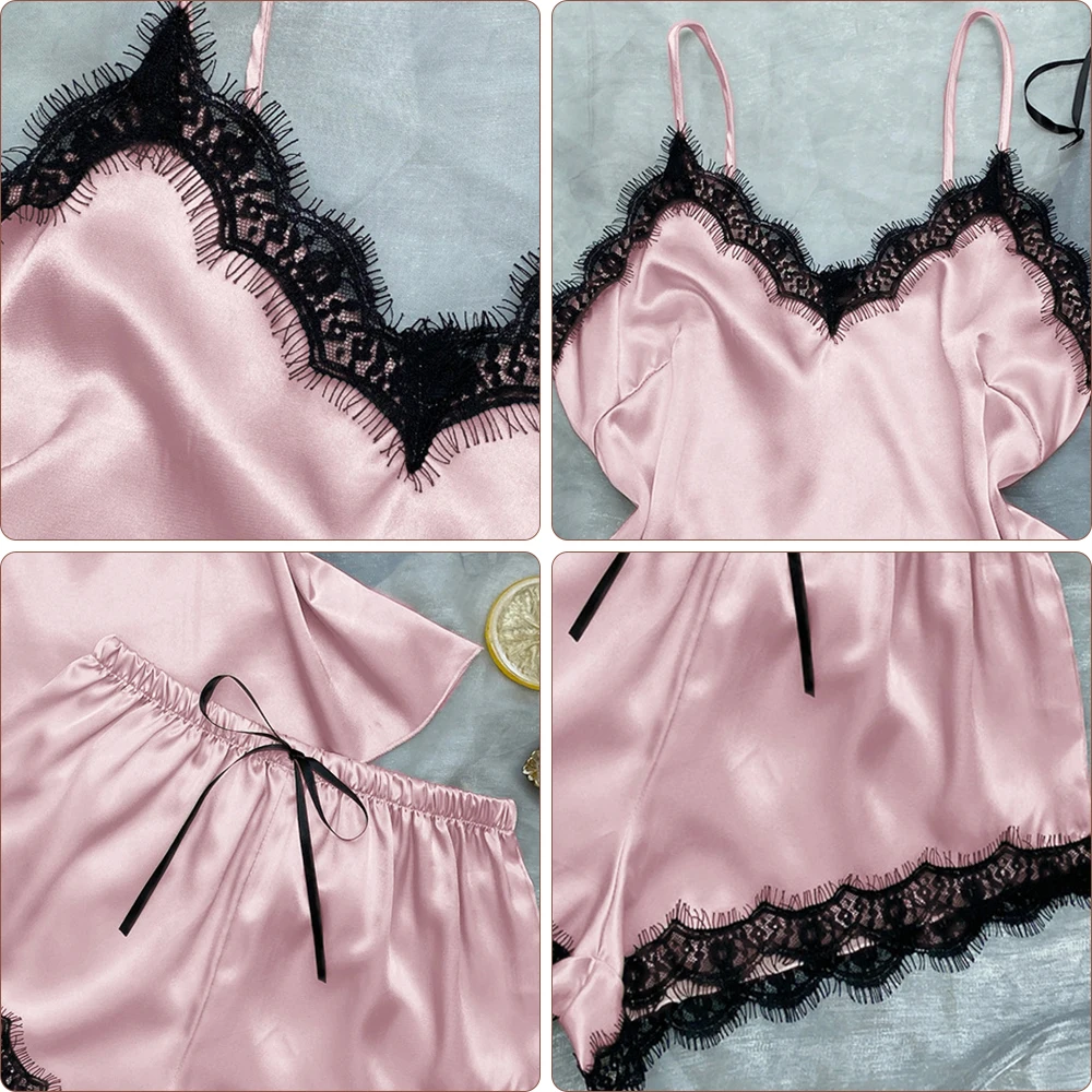 2023 New Sexy Splice Lace Ice Strap Top Pants Home Suit Set female Summer Tank Top Lace Shorts Home Suit Soft Silk Pajamas Women