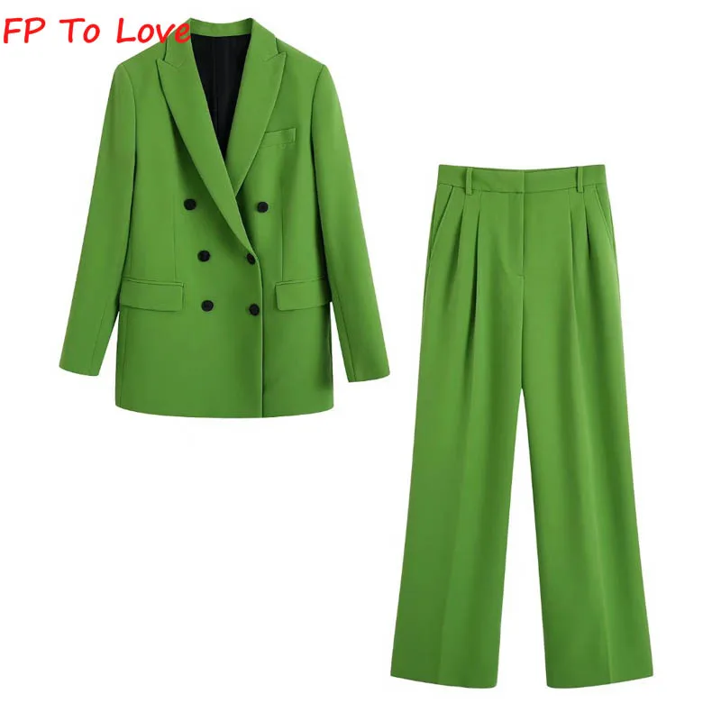 

FP To Love Woman Olive Blazers Bright Green Wide Leg Pants 2022SS Spring Autumn Summer Trousers Double Breasted Sets