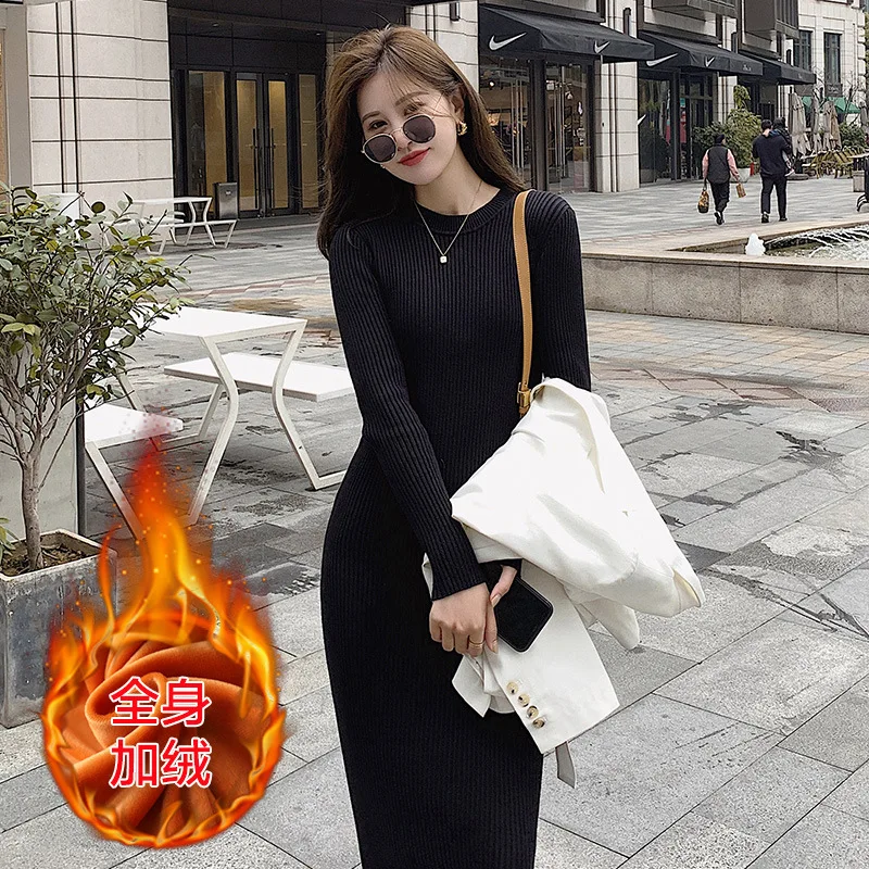 8980 eight colors size 5 fleece-lined and sweater base dress warm round neck