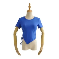 women t shirt top cropped side drawstring pleated tie irregular short sleeve round neck versatile t shirt