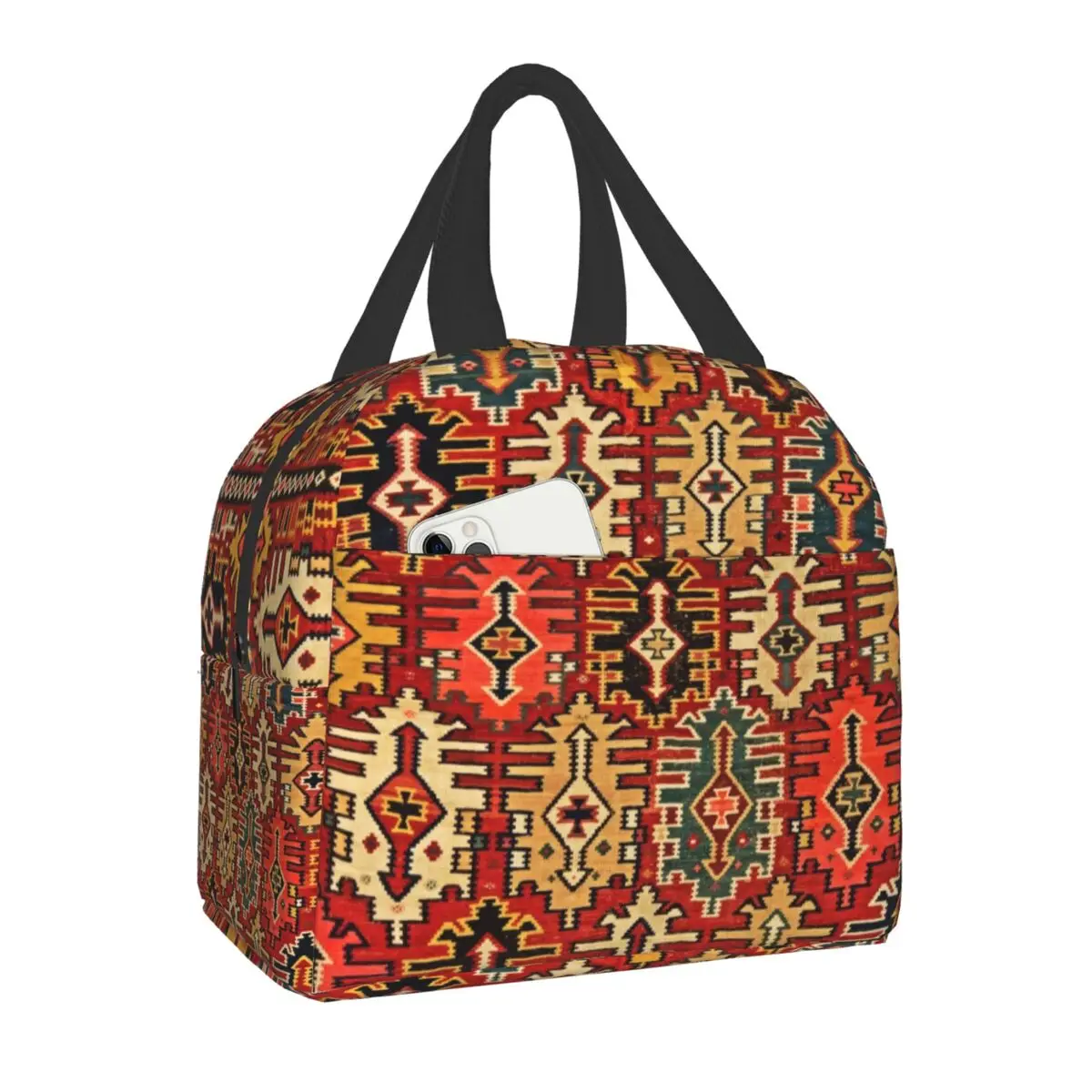 

Turkish Kilim Rug Print Thermal Insulated Lunch Bag Bohemian Ethnic Geometry Portable Cooler Lunch Box for Women School Office