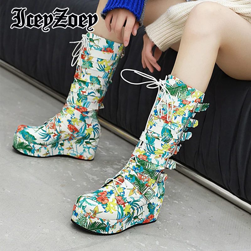

IceyZoey Fashion Women Boots Wedge Metal Buckle Punk Lady Boots Lace-Up Mid-Tube Boots Cosplay High Boots Winter Female Shoes