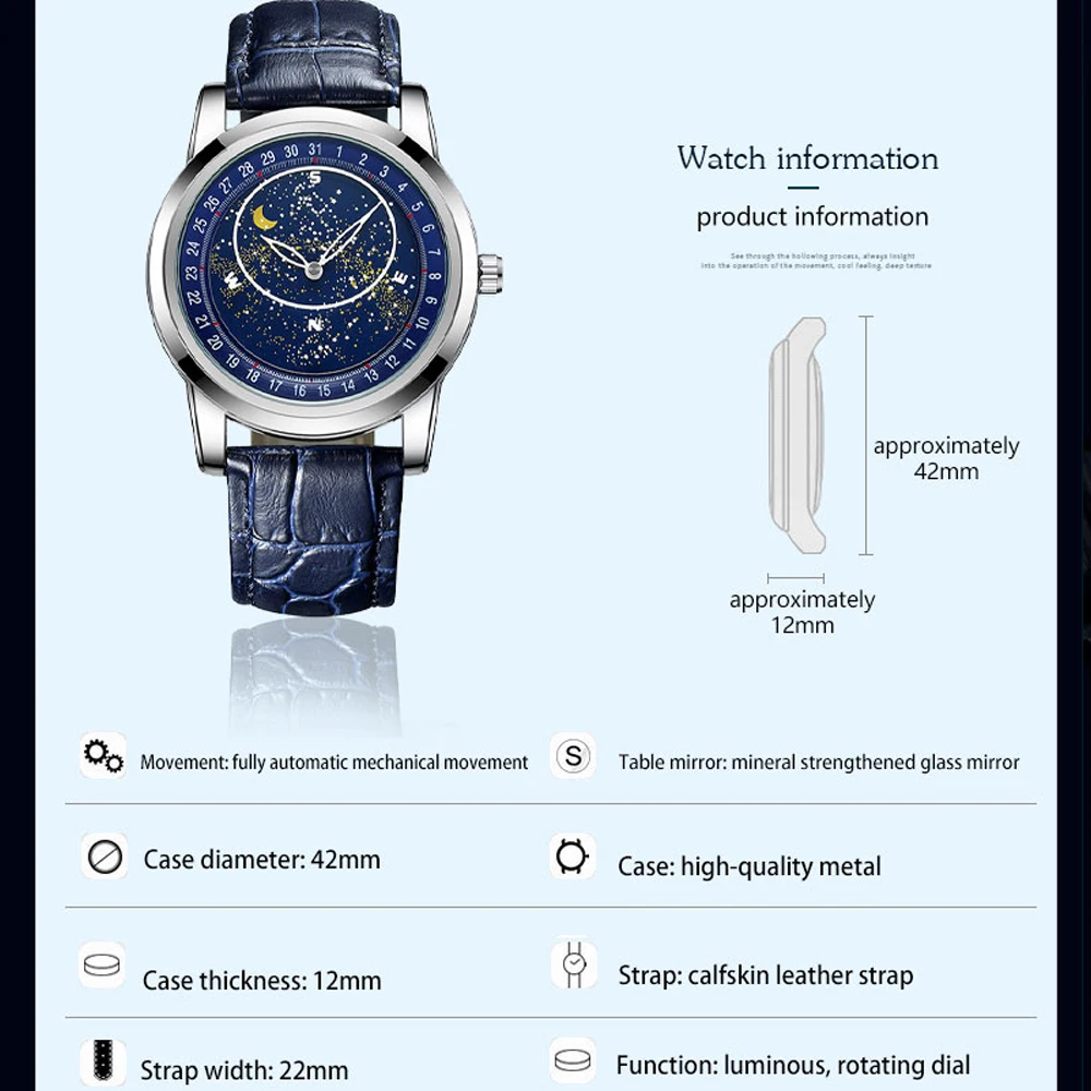 New Mens Watches Blue Business Gypsophila Stainless Steel Automatic Mechanical Watch Luminous Waterproof Moon Phase  AAA Clocks enlarge