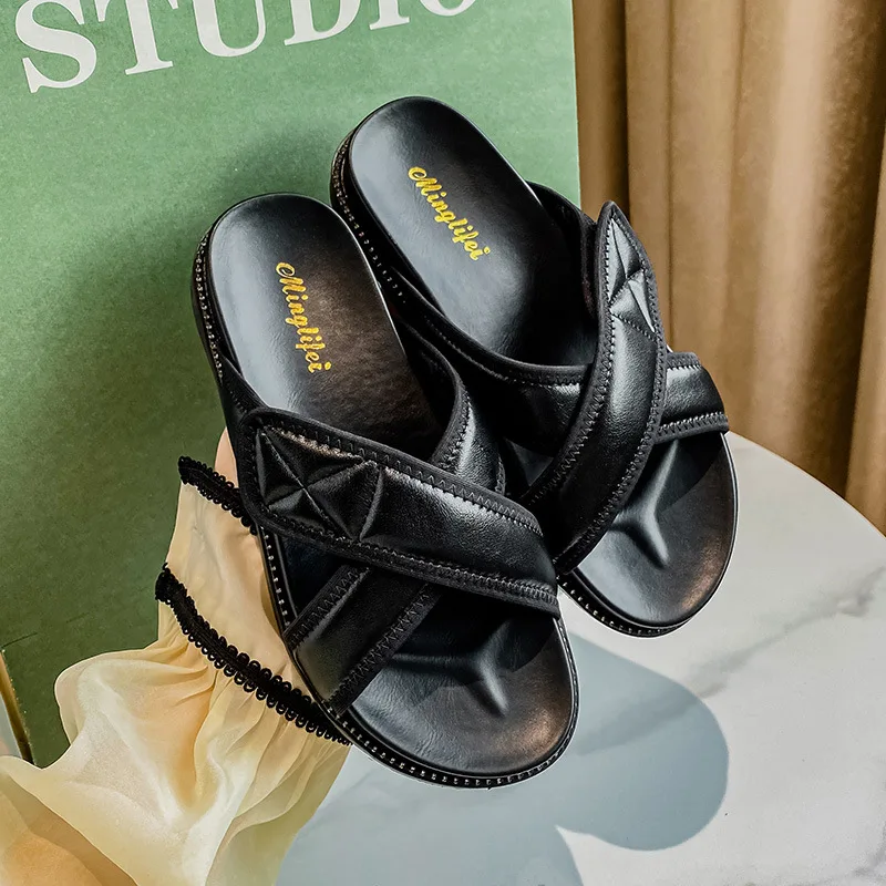 Plus Size 35-42 43 Women Sandals Leather X Cross Upper Flats Slippers Fashion Platform Outdoor Summer Slip on Sandal Shoes