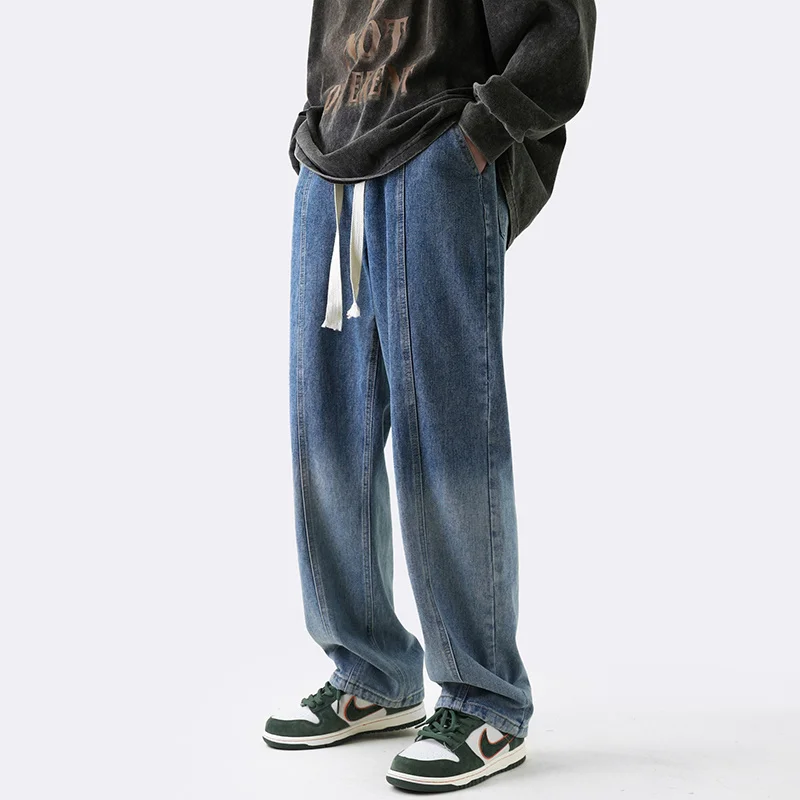 Blue Black Baggy Jeans Men Fashion Retro Gradient Jeans Men Japanese Streetwear Hip-hop Loose Straight Denim Pants Mens Trousers