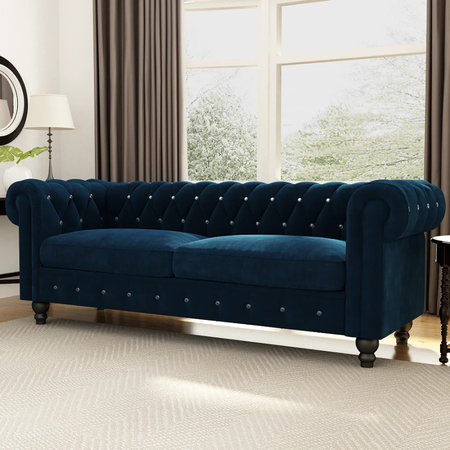 

Living Room Furniture Transitional Sofa Velvet Upholstered Button Tufted Chesterfield Rolled Arm Sofa